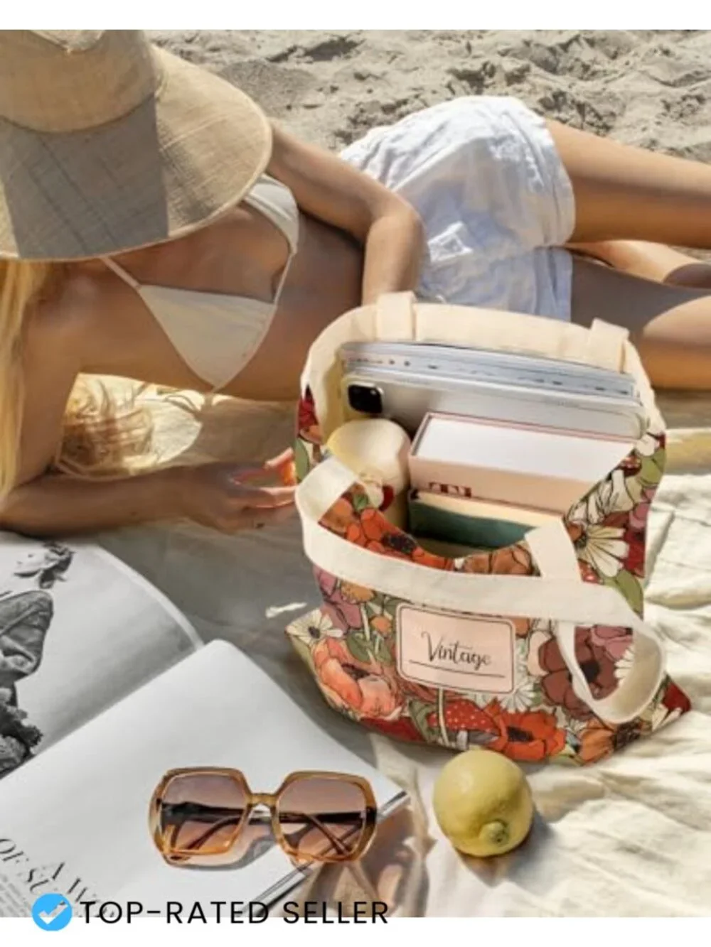 Canvas Tote Bag for Women with Zippered Inner Pocket